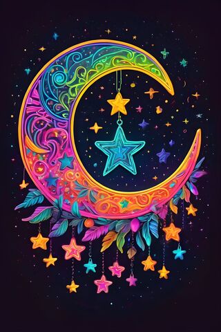 A Colorful Half Moon With Stars and A Star In The Center