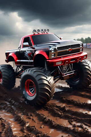 A Red Truck On A Muddy Road