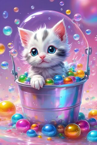 A Kitten In A Bucket Of Colored Eggs