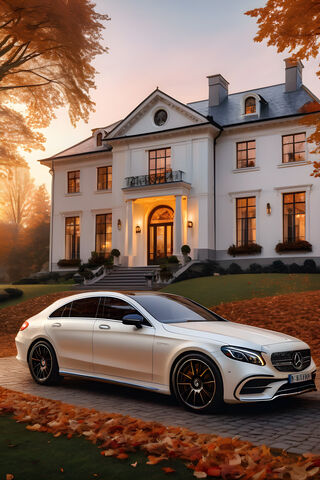 A White Car Parked In Front Of A House