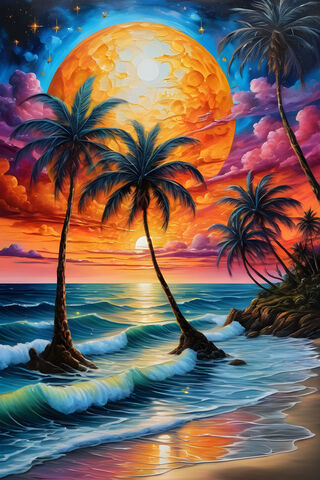 A Sunset With Palm Trees and The Moon In The Background