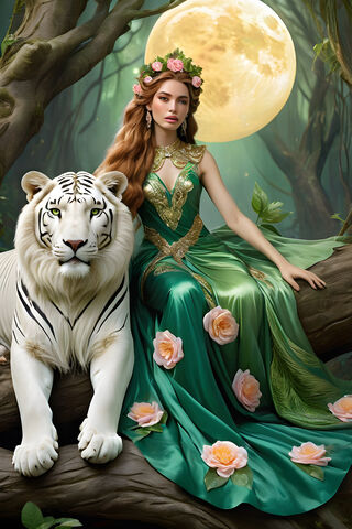 A Woman In A Green Dress and A Lion Garment