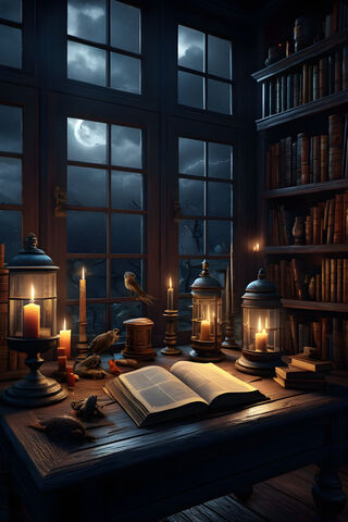 A Book and A Lamp On A Table In A Room With Bookshelves