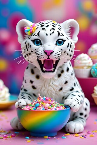 A White and Black Cat With Its Mouth Open and A Bowl Of Candy