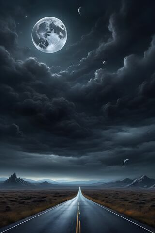 A Road With A Moon In The Sky Above It