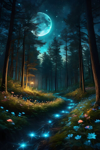 A Path With Trees and A Fence With A Moon In The Sky