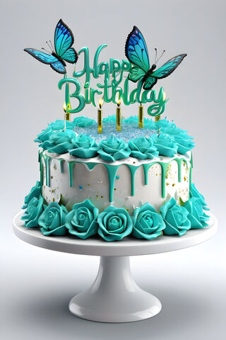 A Cake With Blue Frosting and Butterflies On Top