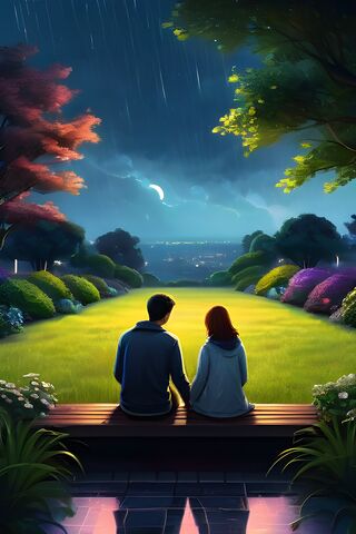 A Man and Woman Sitting On A Bench Looking At A Green Field