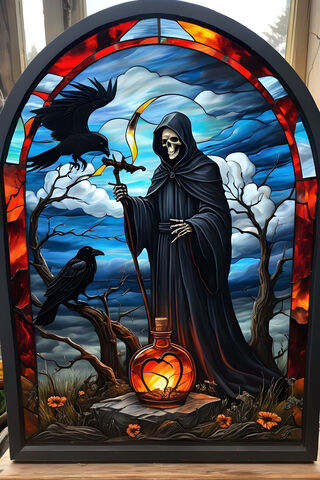 A Painting Of A Person Holding A Cross and A Bird