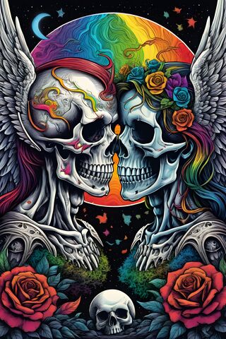 A Painting Of A Person With A Skull and Flowers