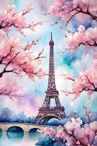 A Tall Tower With Pink Flowers With Eiffel Tower In The Background