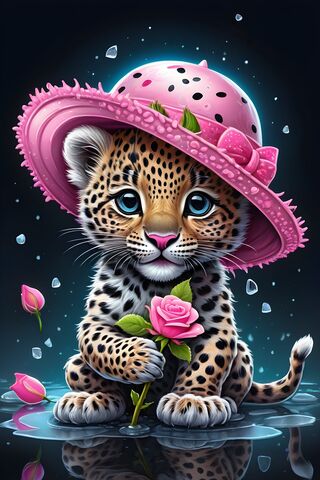 A Tiger Wearing A Pink Hat and Holding A Rose
