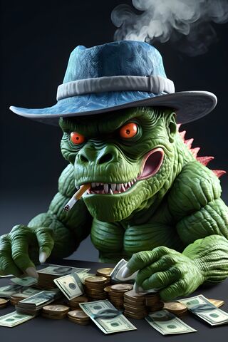 A Green Monster With A Hat and Money