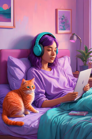 A Woman Sitting On A Bed With A Laptop and A Cat
