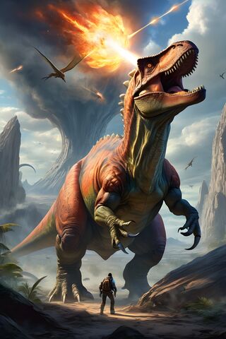 A Dinosaur With A Person Standing In Front Of It