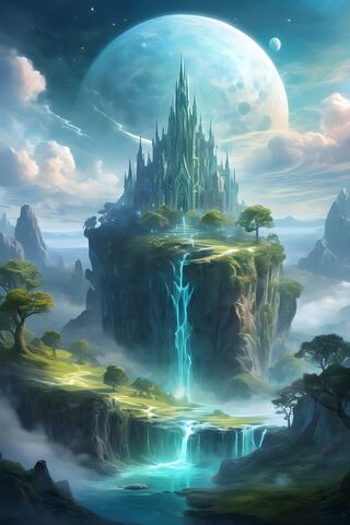 A Large Waterfall and A Large Building On A Mountain Fantasy View