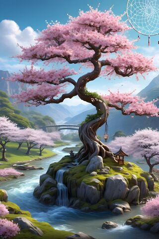 A Tree With Pink Flowers and A Body Of Water With A Bridge and Trees