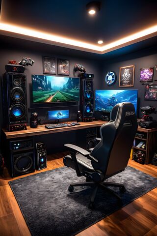 A Room With A Desk and A Computer and Speakers