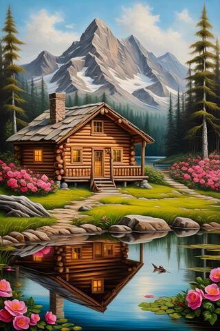 A House With A Pond In Front Of It and A Mountain In The Background