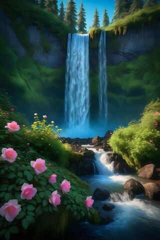 A Waterfall With Pink Flowers