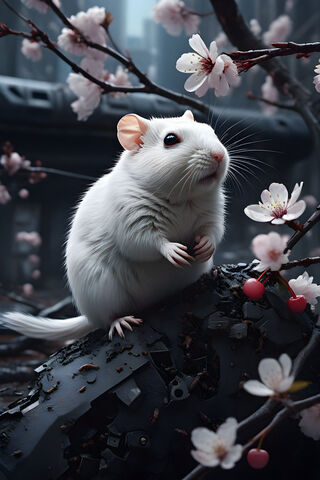 A White Mouse On A Branch With Pink Flowers