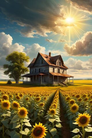 A House In A Field Of Sunflowers