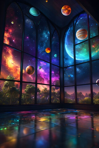 A Large Window With A View Of Trees and A Body Of Water