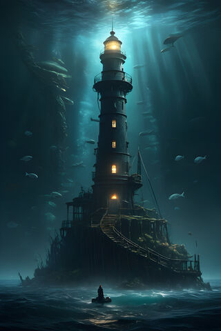 A Lighthouse With A Boat In The Water With Birds Flying Around