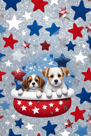 A Couple Of Dogs Sitting In A Heart Shape With Stars In The Background