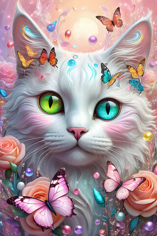 A Cartoon Of A Cat With Butterflies