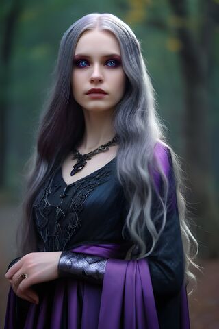 A Woman With Long Hair Grey Purple Dress