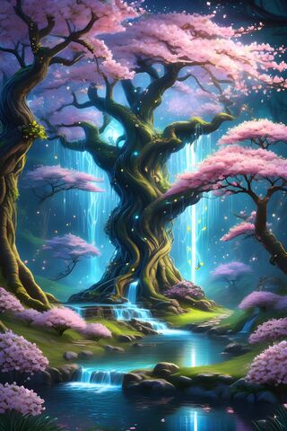 A Tree With Pink Flowers and A Body Of Water