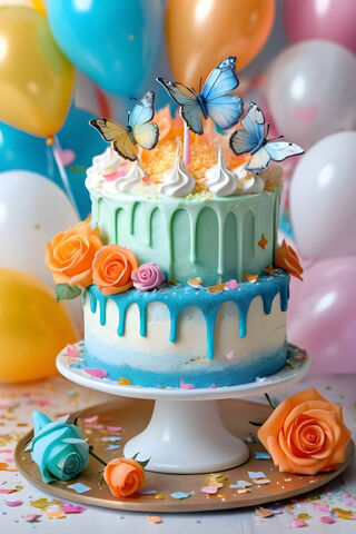 A Cake With Blue and White Frosting and Flowers On Top