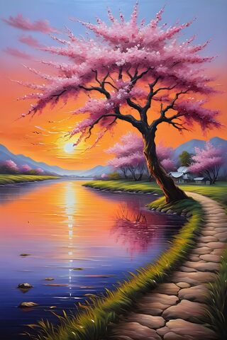 A Tree With Pink Flowers Next To A Body Of Water
