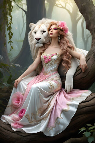 A Person In A Pink Dress Sitting On A Tree With A Lion Head