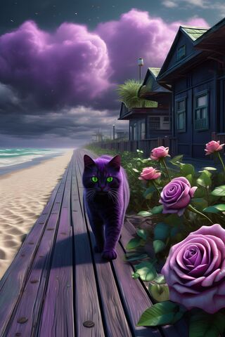 A Cat Walking On A Dock With Flowers and A Beach and Houses