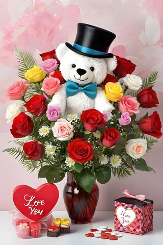A Teddy Bear Wearing A Hat and Holding A Bouquet Of Flowers