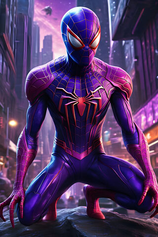Alien Spiderman Wearing A Purple Galactic Suit