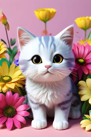 A Cute Cat With Flowers In The Background❤️