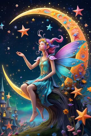 A Woman In A Blue Dress and Wings In Front Of A Colorful Background