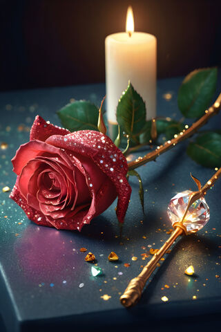 A Rose and A Candle On A Table