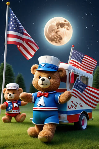 A Couple Of Teddy Bears In Front Of A Flag and A Balloon