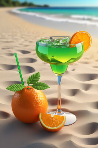 A Glass Of Green Liquid With Oranges and A Lemon Slice On A Beach