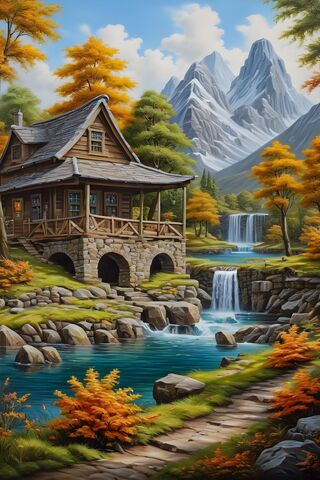 A House With A Stream and A Waterfall In Front Of It In Natural Area