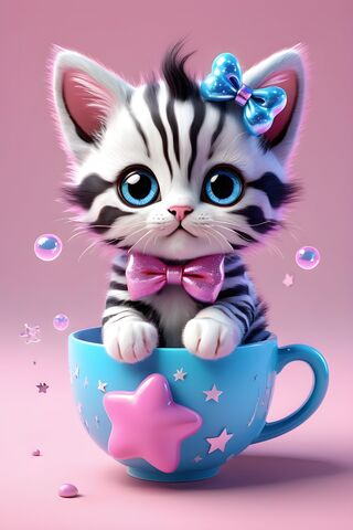 A Cat Wearing A Bow Tie and Holding A Tea Cup