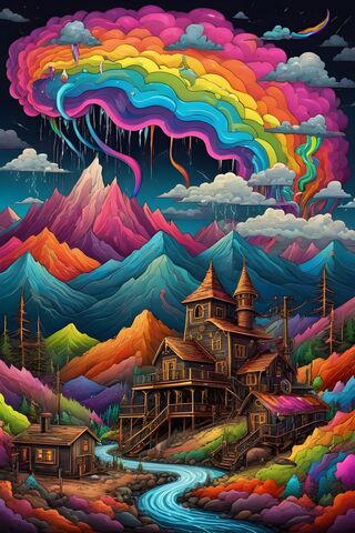 A Painting Of A House With Rainbows and A Rainbow In The Background