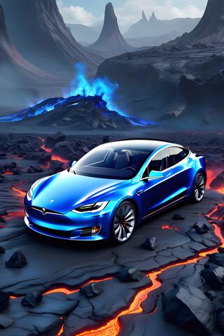 Tesla in a Fiery Landscape 🔥🚗