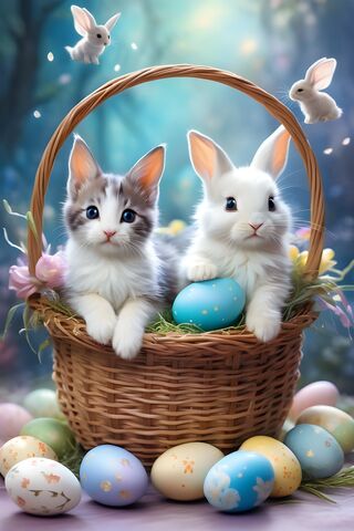 Adorable Kitten & Bunny In A Basket With Easter Eggs