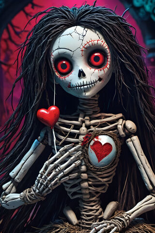 A Skeleton With Long Hair and Red Eyes