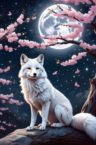 A White Fox Sitting On A Tree Branch With Pink Flowers